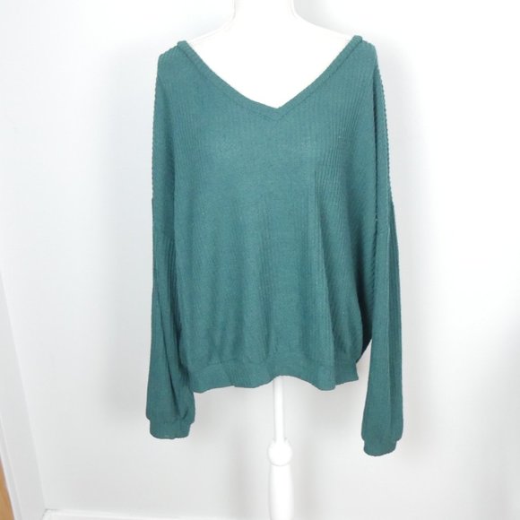 Fantastic Fawn Soft Forest Dark Green Waffle Knit Long Sleeve V Neck Top Large - Picture 1 of 10